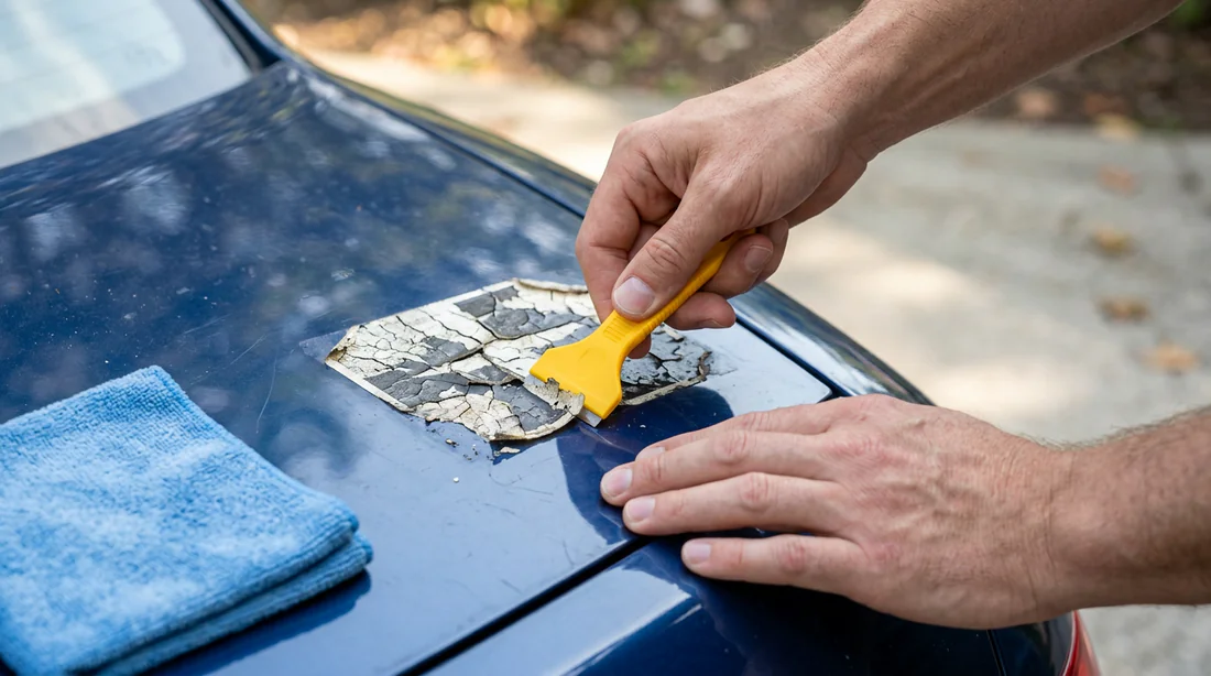 Retrait soigné d'un autocollant craquelé sur la carrosserie d'une voiture.