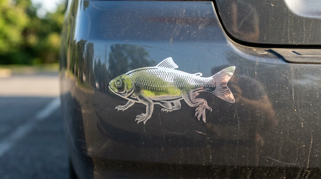 Variante de l'autocollant poisson voiture avec des pattes, symbole de Darwin.