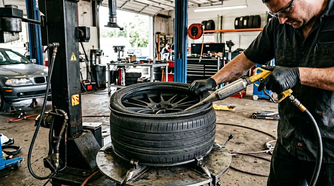Mécanicien procédant au montage complexe d'un pneu à flanc tendu dans un garage.