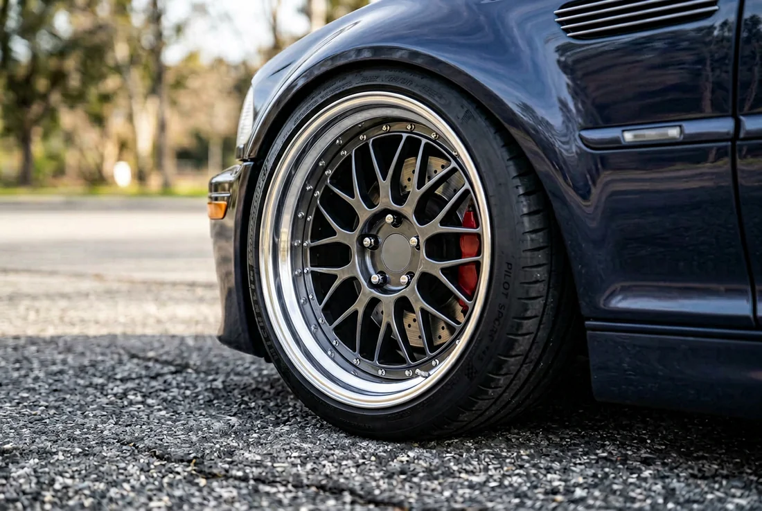 Vérification de la pression d'un pneu à flanc tendu avec un manomètre pour éviter de déjanter.