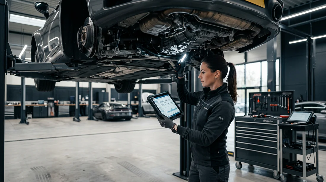 Mécanicien utilisant une tablette de diagnostic sur une voiture en atelier