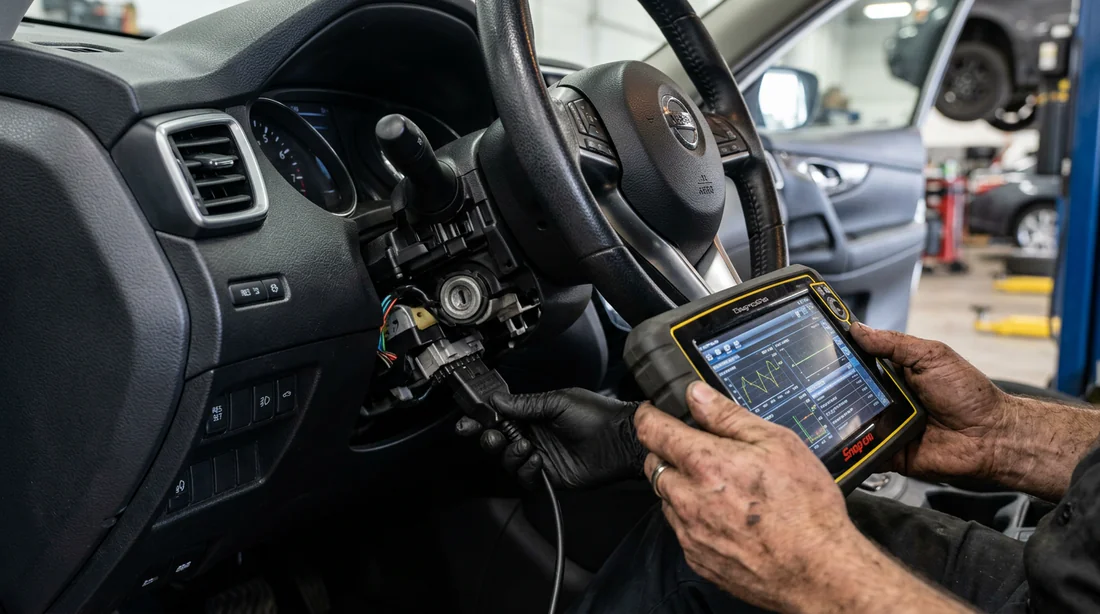 Mécanicien utilisant un outil de diagnostic sur le tableau de bord d'une voiture