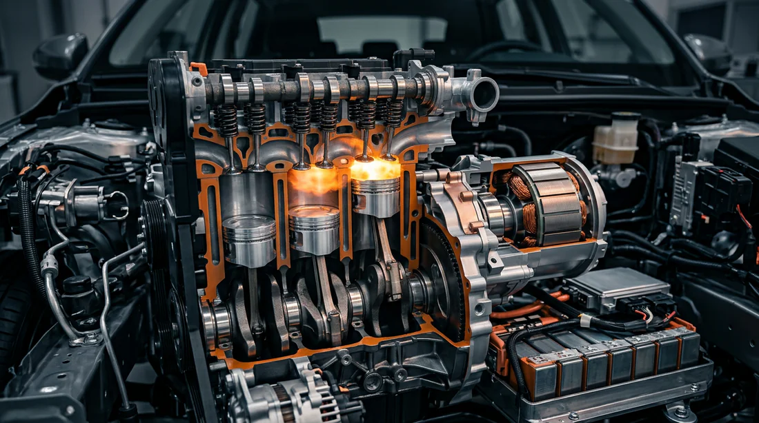 Vue en coupe d'un moteur hybride moderne