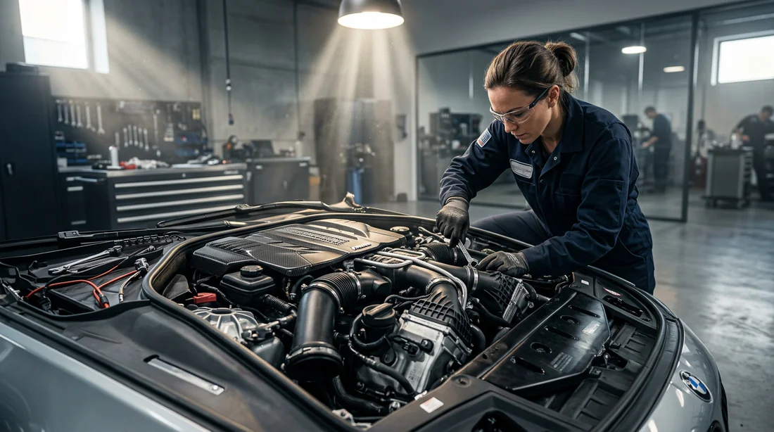 Vue technique d'un mécanicien expert inspectant un moteur V8 4.4L