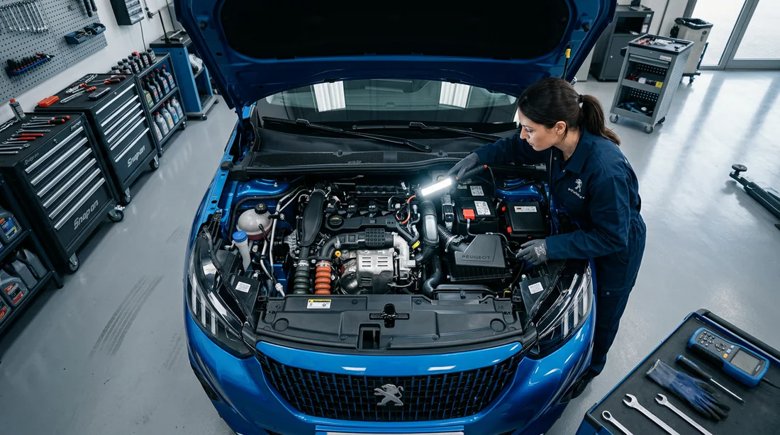 Un mécanicien inspectant le compartiment moteur d'un véhicule Peugeot 2008