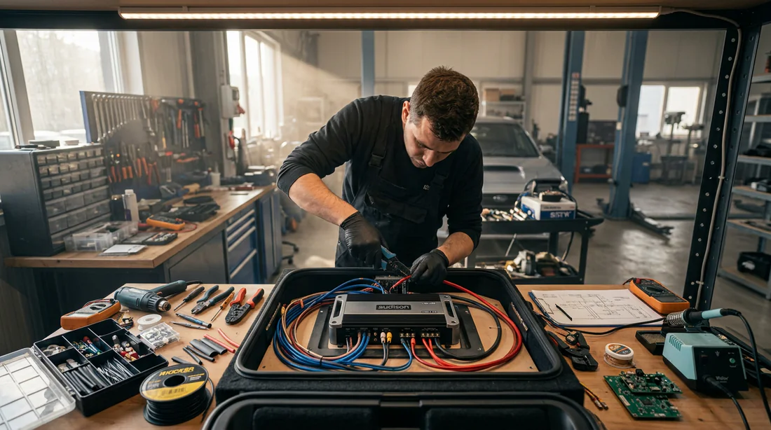 Technicien connectant un amplificateur audio de voiture