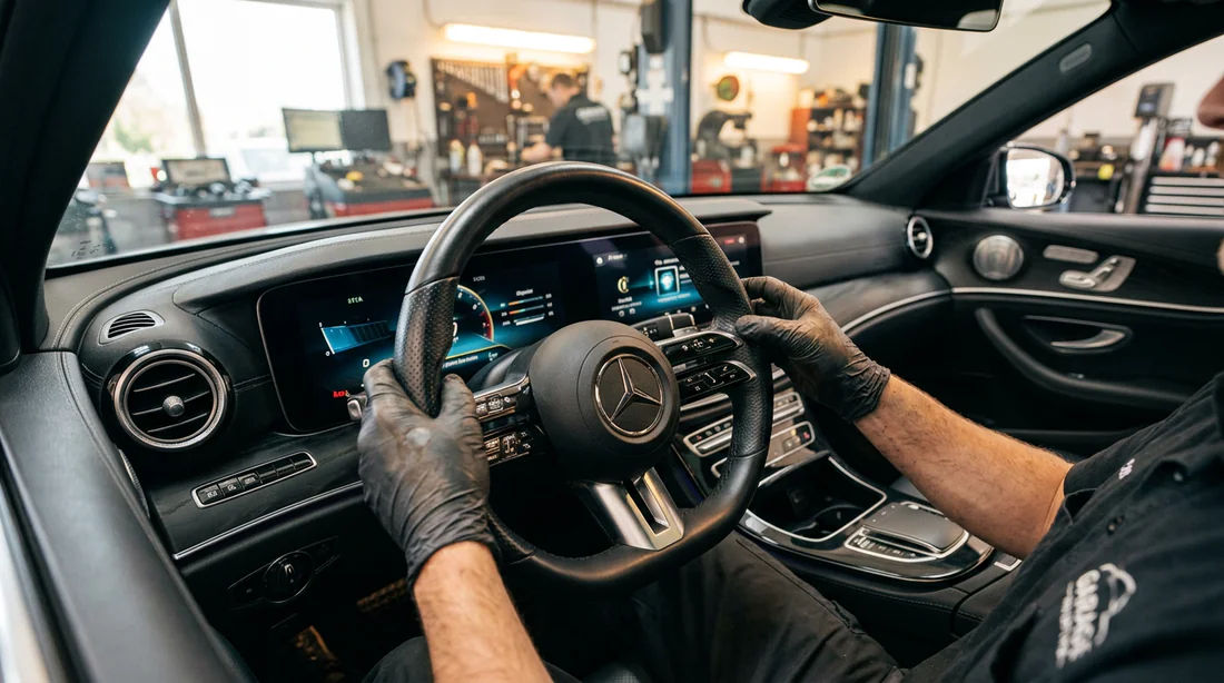 Vue rapprochée des commandes au volant d'une voiture moderne