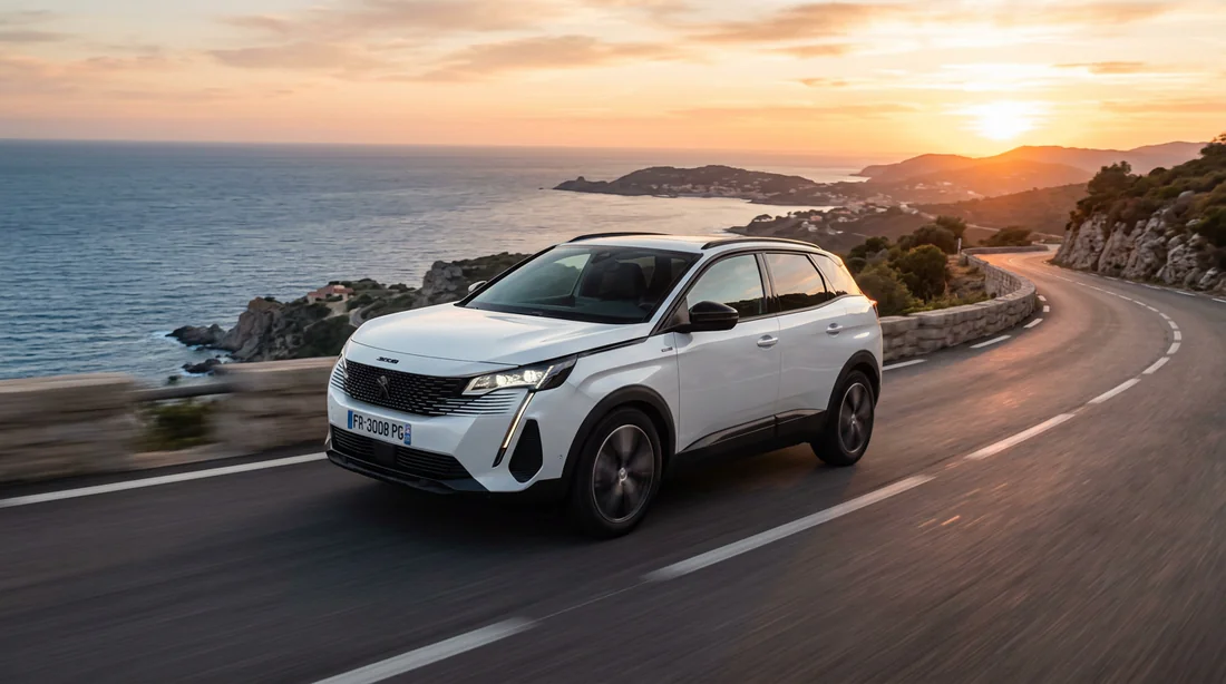 Une Peugeot 3008 roulant sur une route côtière au coucher du soleil