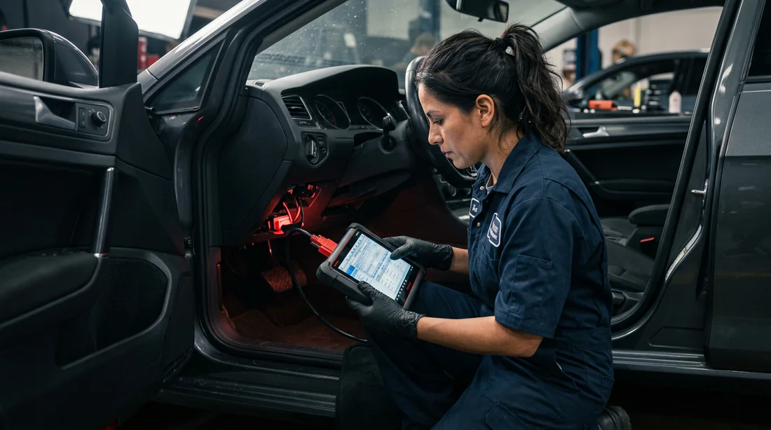 Mécanicien utilisant une valise de diagnostic automobile sous le tableau de bord