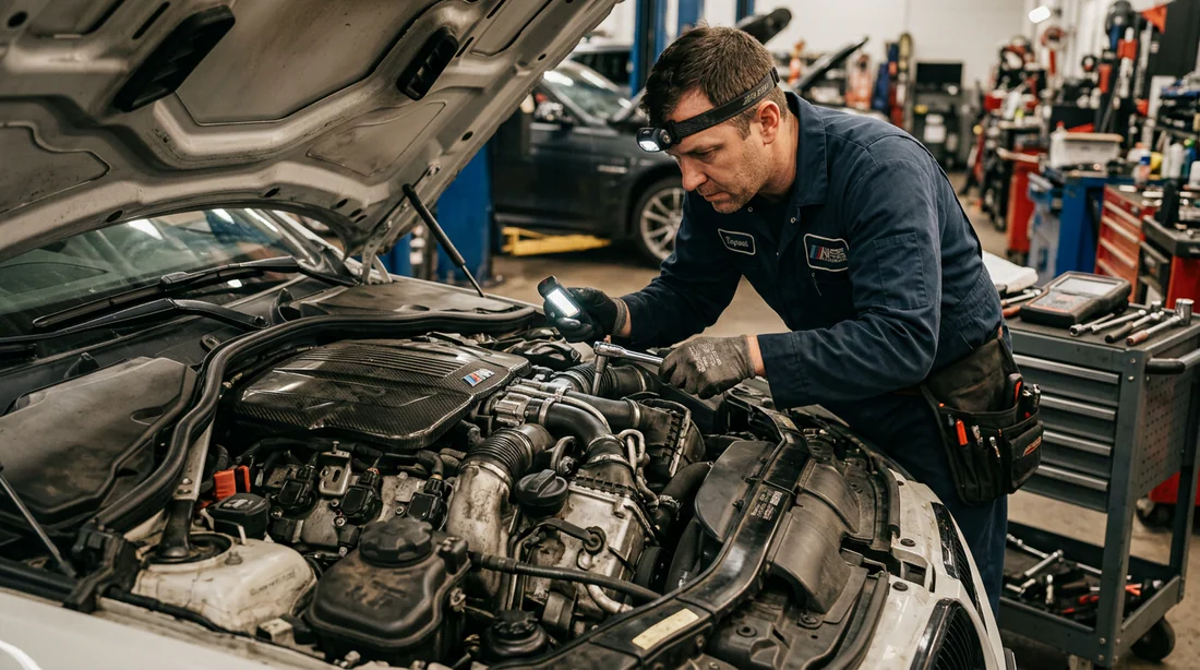 Mécanicien professionnel inspectant le compartiment moteur d'une voiture