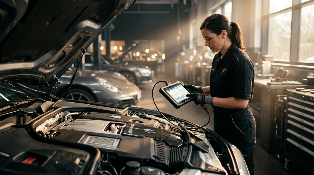 Mécanicien effectuant un diagnostic électronique sur le moteur d'une Mercedes