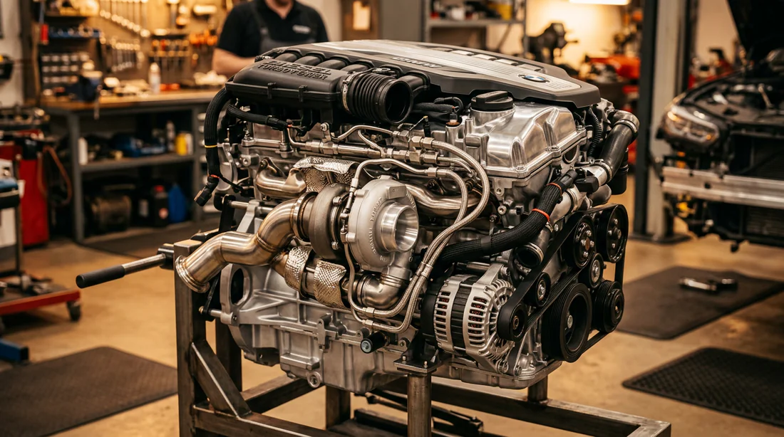 Vue détaillée d'un moteur automobile moderne dans un atelier