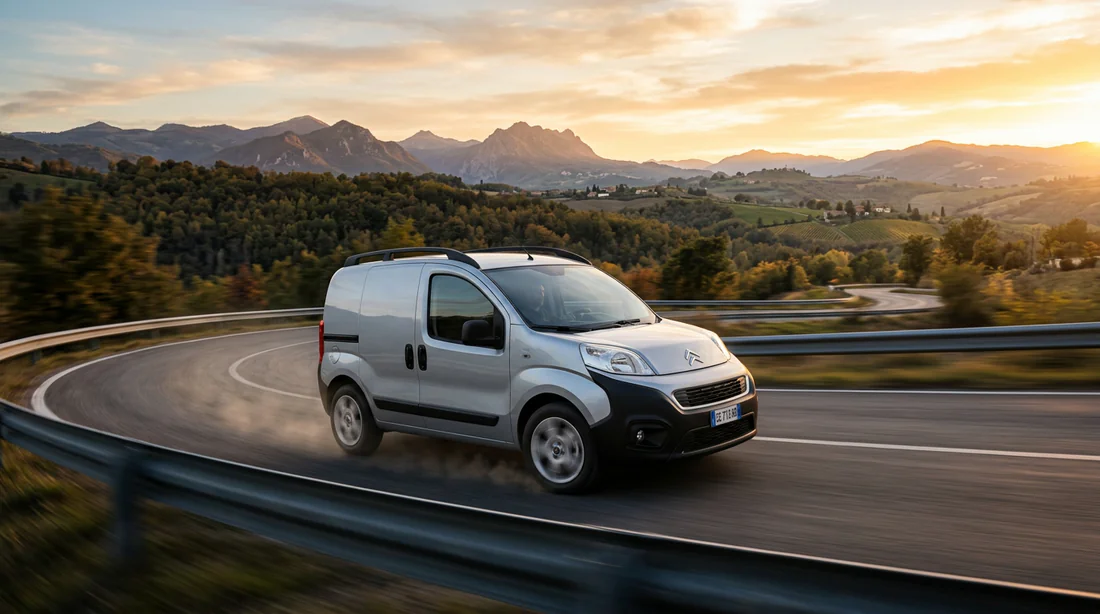 Vue en action d'un utilitaire Citroën Nemo sur route