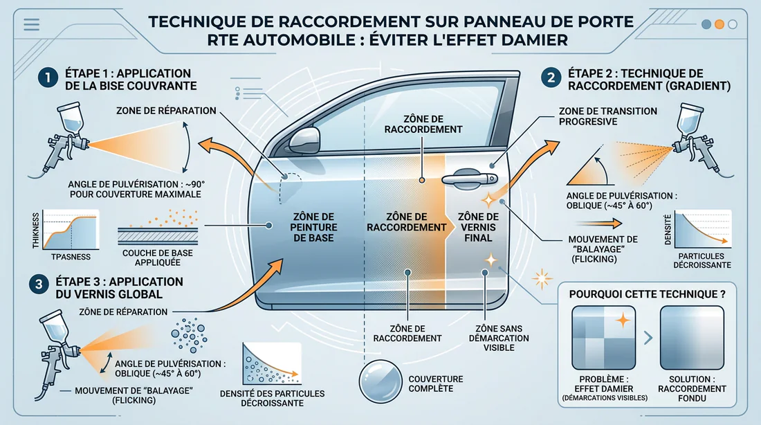 Schéma explicatif de la technique du raccord noyé pour évaluer les zones d'ombrage de carrosserie