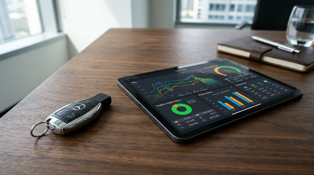 Clé de Mercedes-Benz et tablette de diagnostic d'entretien