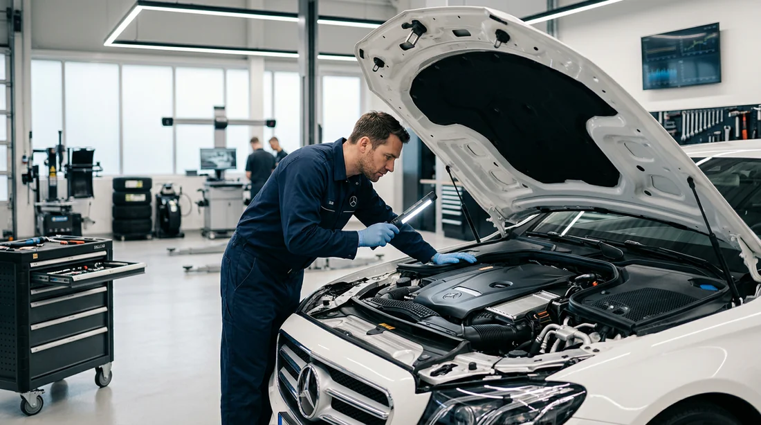 Mécanicien inspectant le moteur d'une Mercedes-Benz lors du Service B3